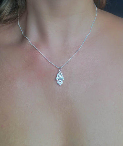 Hamsa Hand of Fatima Evil Eye Necklace Sterling Silver