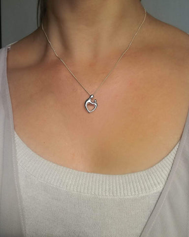 Sterling Silver Mother and Child Heart Shape Pendant Necklace Mum's Birthday Gift Mother's Day