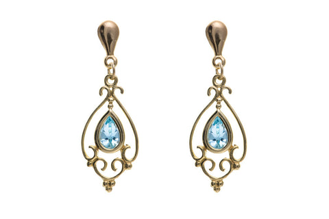 Victorian Style Sky Blue Topaz Drop Earrings Solid 9ct Yellow Gold