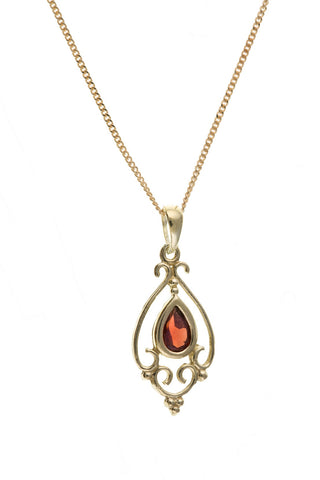 Solid 9ct Yellow Gold Victorian Real Garnet Pendant Necklace 