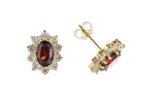Solid 9ct Yellow Gold Garnet and Diamond Simulant Cluster Stud Earrings January Birthstone
