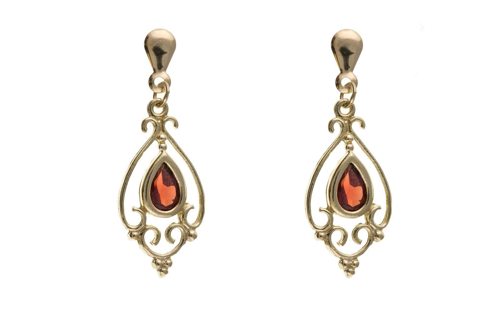 Solid 9ct Yellow Gold Vintage Victorian Real Garnet Drop Earrings January Birthstone