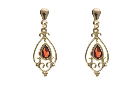 Solid 9ct Yellow Gold Vintage Victorian Real Garnet Drop Earrings January Birthstone