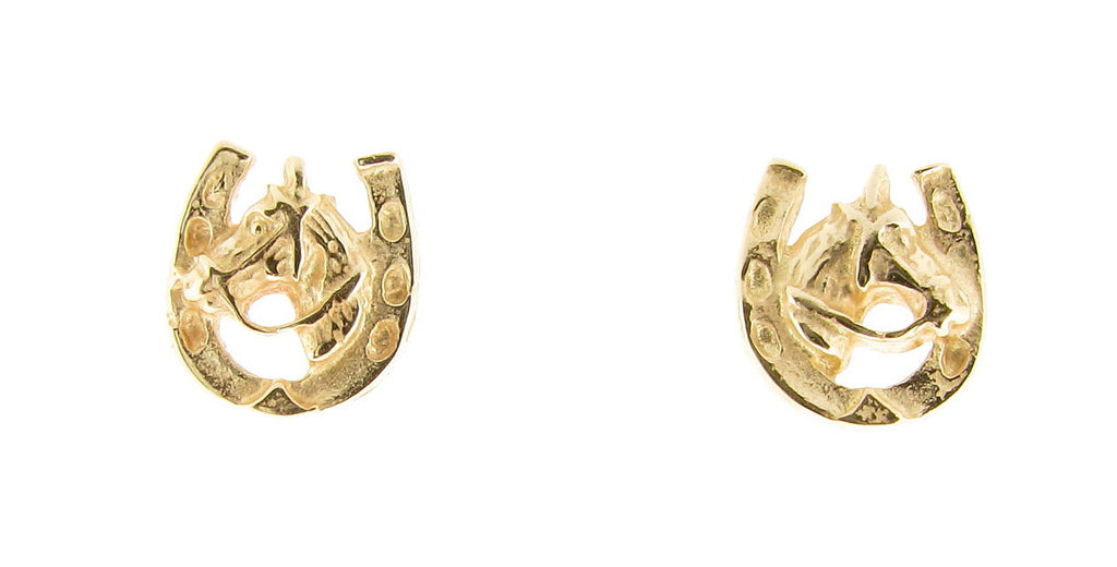 9ct Yellow Gold Horseshoe and Horse Head Studs Earrings. The perfect gift for equine and animal lovers alike.