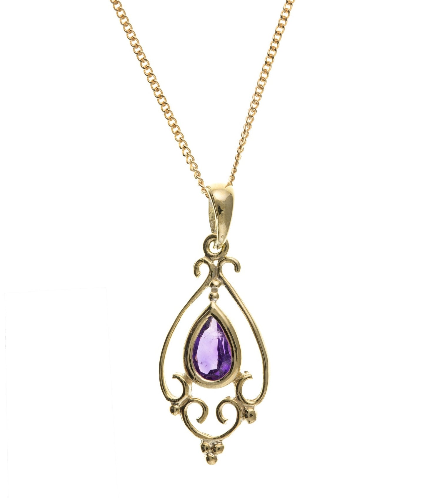 Ladies 9ct Yellow Gold Victorian Style Pendant Necklace February Birthstone