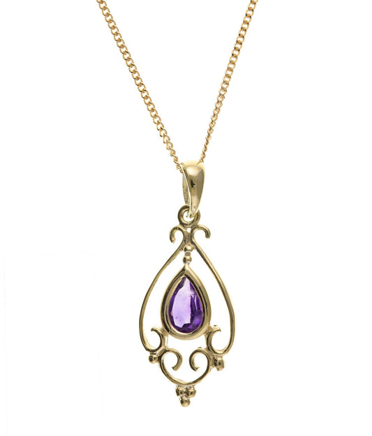 Ladies 9ct Yellow Gold Victorian Style Pendant Necklace February Birthstone