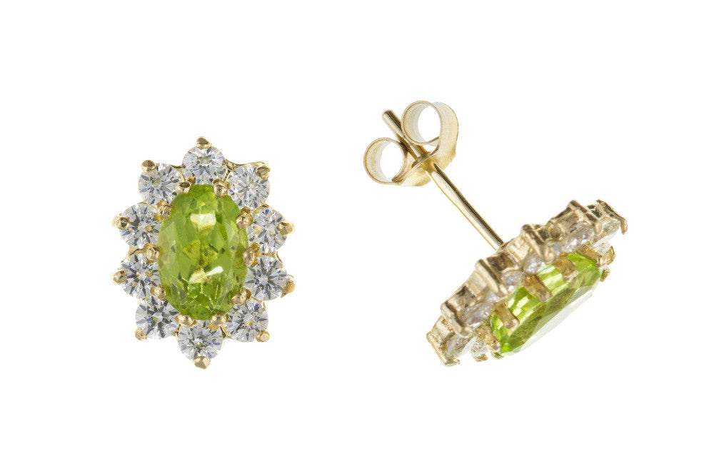 Solid 9ct Yellow Gold Real Peridot Diamond Simulant Cluster Stud Earrings August Birthstone