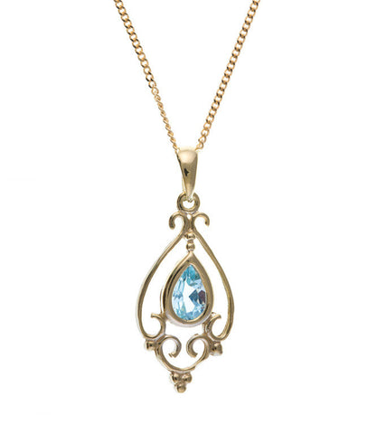9ct Yellow Gold Victorian Style Sky Blue Topaz Pendant Necklace November Birthstone