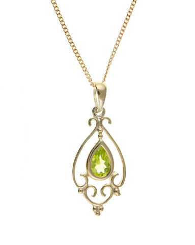Womens Solid 9ct Yellow Gold Victorian Vintage Peridot Pendant Necklace August Birthstone