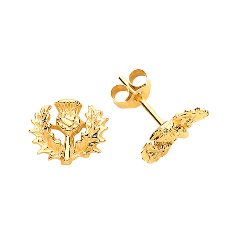 Solid 9ct Yellow Gold Scottish Thistle Stud Earrings