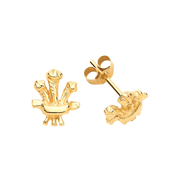 9cy Yellow Gold Ladies Prince of Wales Feathers Emblem Stud Earrings