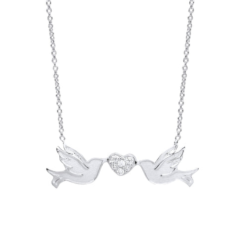 Diamond Simulant Love Birds Necklace Sterling Silver Nature Jewellery