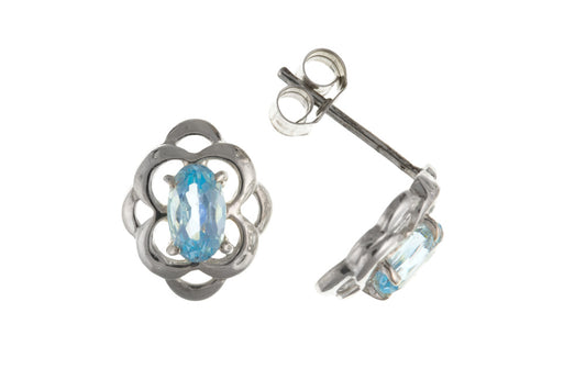 Ladies Sterling Silver Irish Celtic Natural Sky Blue Topaz Oval Stud Earrings