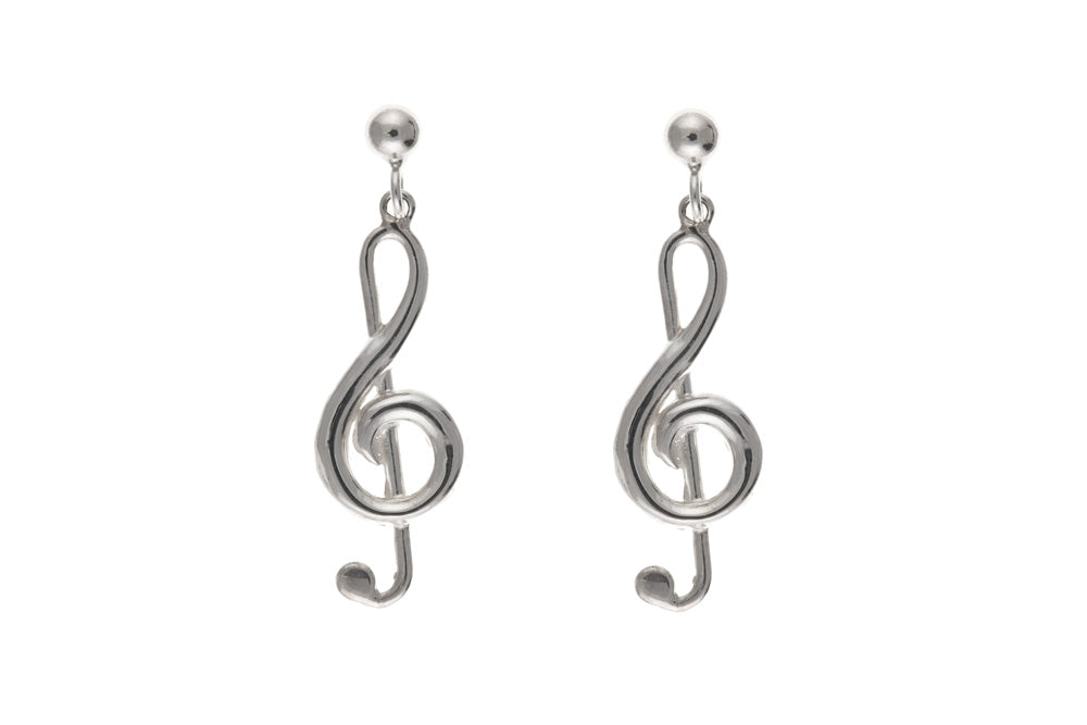 Treble Clef Musical Note Drop Earrings Sterling Silver