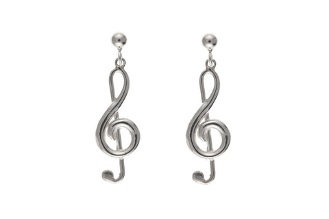 Treble Clef Musical Note Drop Earrings Sterling Silver
