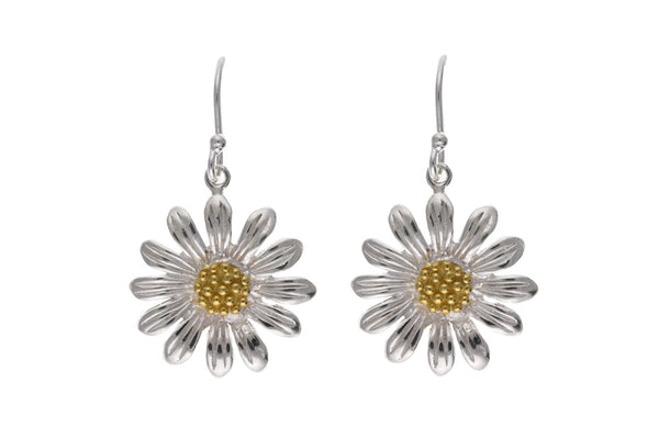 Ladies Sunflower Dropper Earrings Sterling Silver Gold Plated