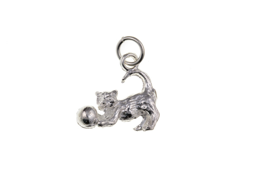 Cat and Ball Charm Solid Sterling Silver