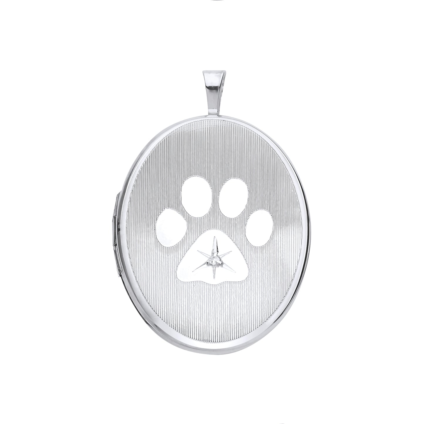 Diamond Set Paw Print Oval Photo Locket 20mm Sterling Silver