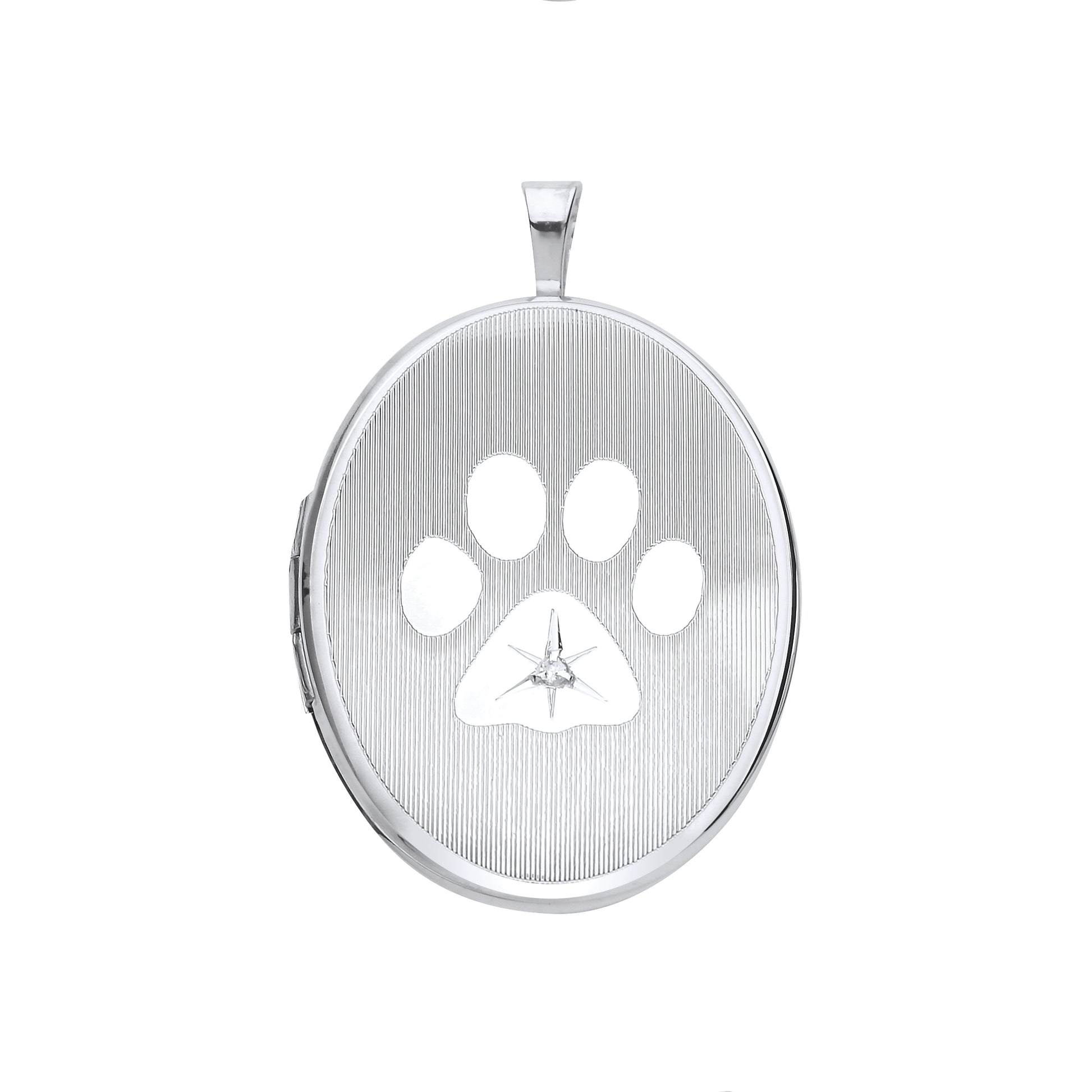 Diamond Set Paw Print Oval Photo Locket 20mm Sterling Silver