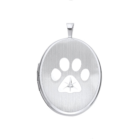 Diamond Set Paw Print Oval Photo Locket 20mm Sterling Silver