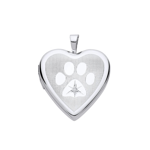 Dog Paw Print Heart Shaped Locket Diamond Sterling Silver