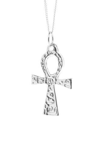 Men's Solid Sterling Silver Engraved Ankh Cross Hieroglyphs Pendant Necklace Ancient Egyptian Symbol of Fertility and Eternal Life