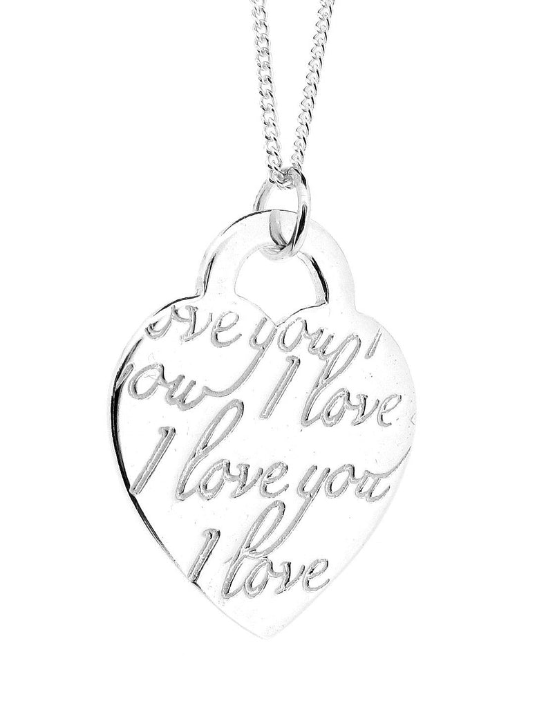 Solid Sterling Silver I Love You Engraved Heart shape Pendant Necklace