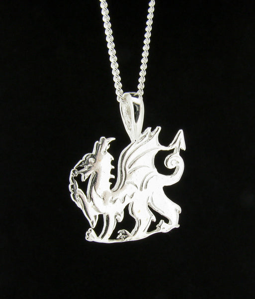 Men's Sterling Silver Welsh Dragon Pendant Necklace Symbol of Protection Red Dragon of Wales