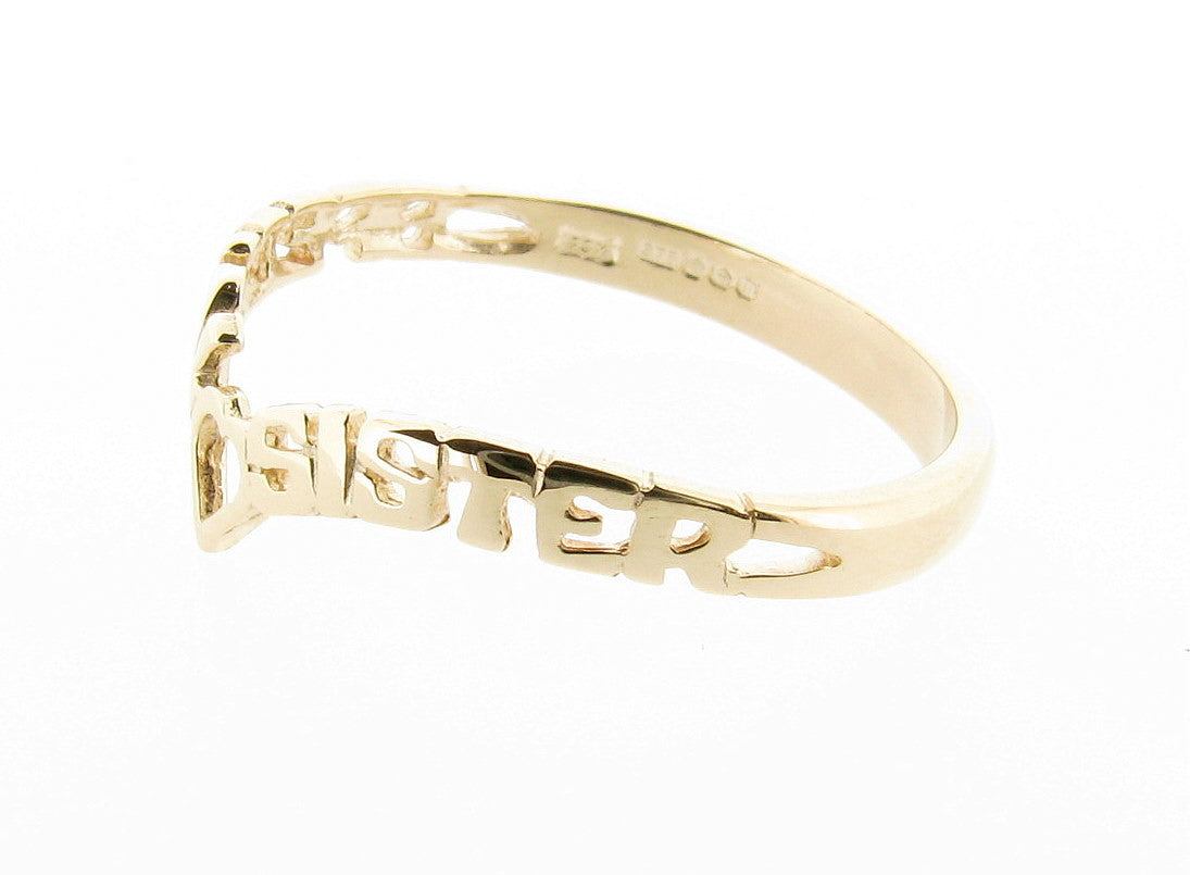 9ct Yellow Gold Special Sister Wishbone Ring with Hearts Birthday