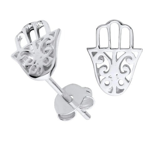 Hamsa Hand of Fatima Evil Eye Stud Earrings Sterling Silver