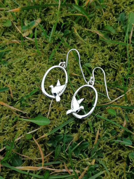 Ladies 925 Sterling Silver Dove Birds in Hoops Drop Earrings