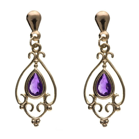 Solid 9ct Yellow Gold Vintage Victorian Amethyst Dropper Earrings February Birthstone