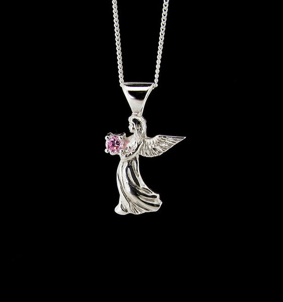 Sterling Silver Angel of Divine Light Pendant Necklace with pink heart chakra stone for healing. The Angel symbolizes a guardian angel who can act as a messenger bringing Protection, Love, Light, Comfort and Healing. 