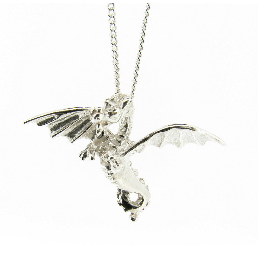 Solid Sterling Silver Flying Dragon Pendant Necklace Men's Women's