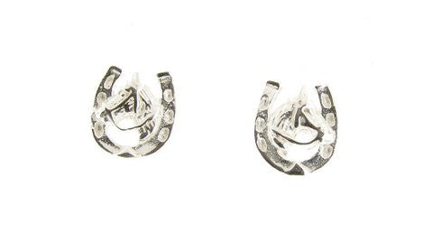 925 Sterling Silver Horseshoe with Horse Head Stud Earrings