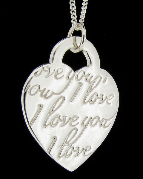 Solid 925 Sterling Silver I Love You Engraved Heart Shape Pendant Necklace