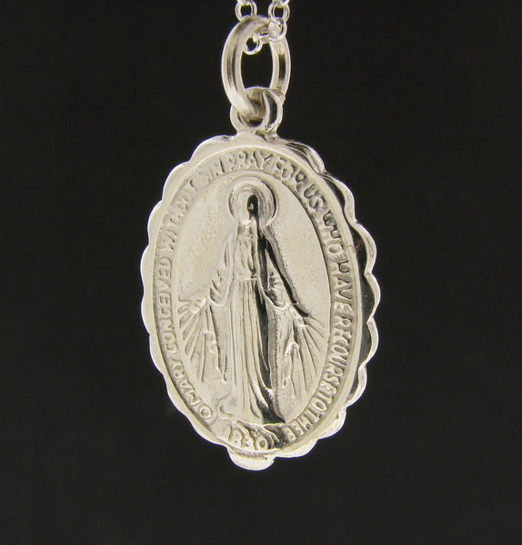 Sterling Silver Men's Miraculous Mary Medal Pendant Necklace