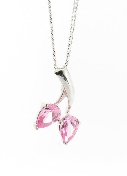 Ladies Sterling Silver Pink Diamond Simulant Double Pear Drop Pendant Necklace