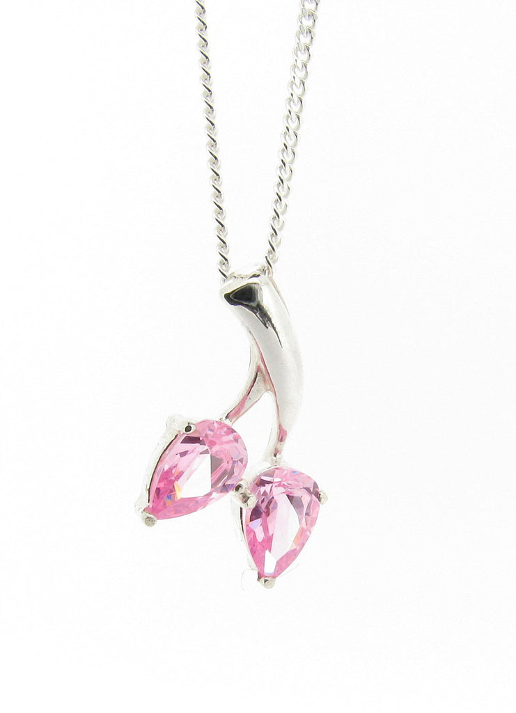 Ladies Sterling Silver Pink Double Pear Drop Pendant Necklace