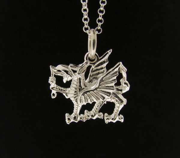Solid Sterling Silver Men's Women's Welsh Dragon Pendant Necklace