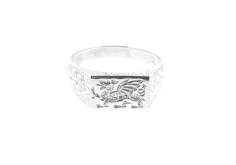 Men's Sterling Silver Welsh Dragon Engraved Rectangle Signet Ring